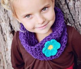 Girls - Crochet Cowl - Neckwarmer - Scarf - Violet With Aqua Flower on ...