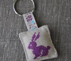 Cross-stitched Linen Key Ring (rabbit In Purple) - Gift, Keychain on Luulla
