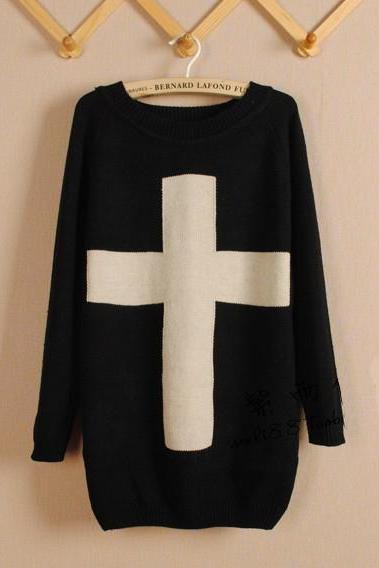 Women's Long Sleeve  Black & White Cross