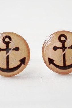 Vintage Anchor Earrings in Brown - Beige or Peach - Blue, Vintage Jewelry, Nautical