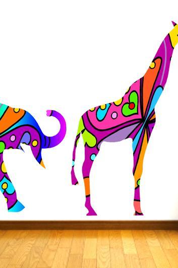 Kids Wall Decals Colorful Elephant and Giraffe Wall Decals