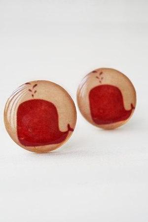 Whale Earrings Red Beige, Small Studs Posts, Nautical Jewelry