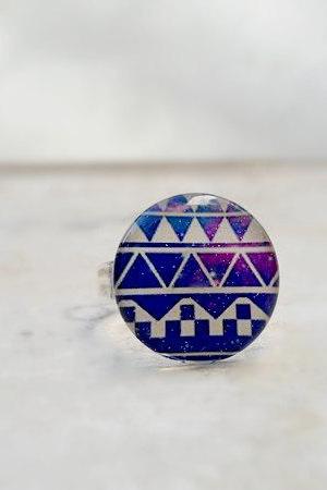 Triangle Galaxy Ring in Purple Blue, Space Nebula Jewelry, Night Sky, Adjustable, Silver Plated