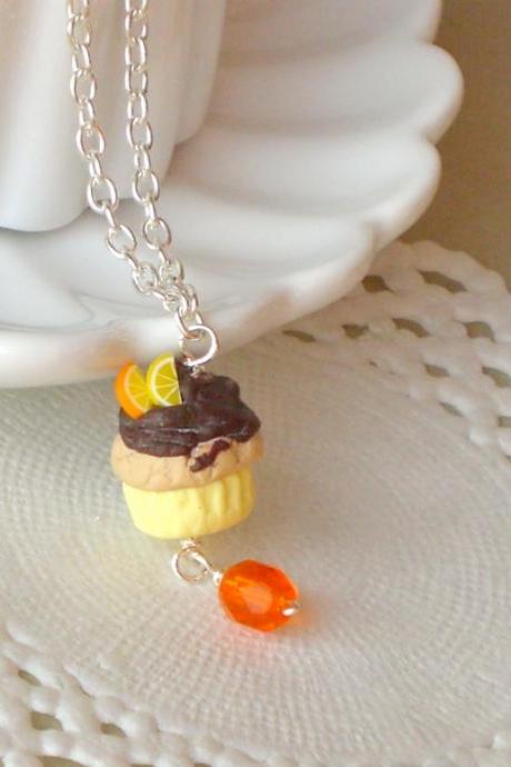Cupcake Necklace For Kids, In Yellow, Brown And Orange, Polymer Clay, Girl Jewelry
