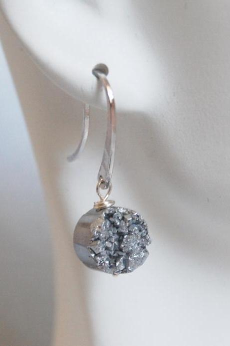  Silver Titanium Druzy Quartz Dangle Drop Earrings - Mother's Day
