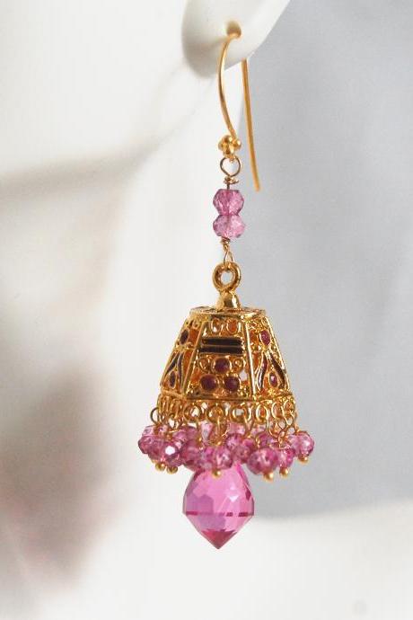 Gorgeous Hot Pink Quartz Chandelier -Mystic Rubelite quartz Gold Enamel lampshade bell Chandelier earringsDangle Drop Earrings