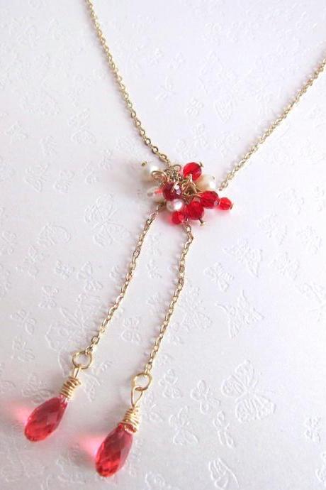 Dancing Red Fairies Necklace-Fresh Water Pearls, Swarovski Briolettes, 14K Gold Plated Chain