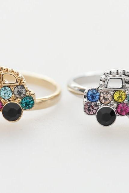 Colorful Crystals Car Adjustable Ring In Silver