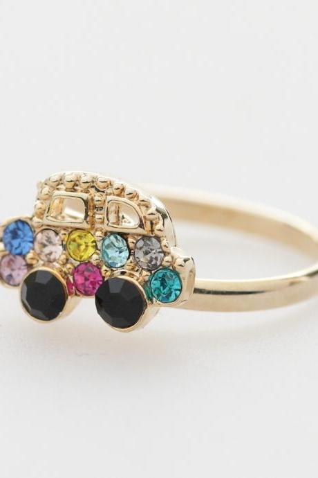 Colorful Crystals Car Adjustable Ring In Gold