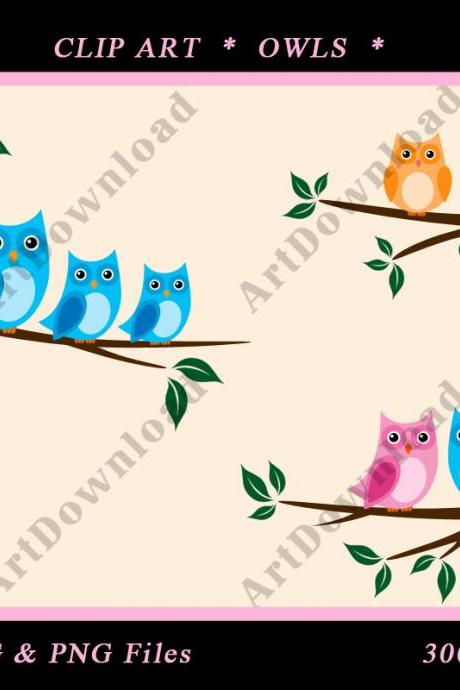 Tree With Owls - Branch With Owls, Clip Art Owl, Digital Scrapbooking, Digital owls