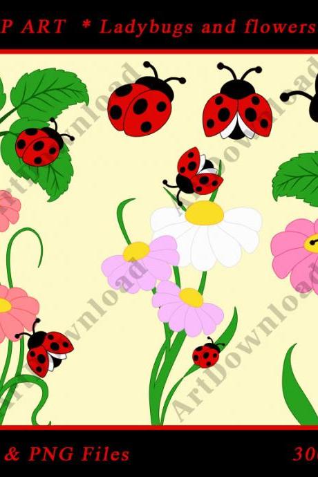 Ladybug Clip Art - Digital Clip Art Ladybug And Flowers, Scrapbooking, Set For Personal And Commercial Use