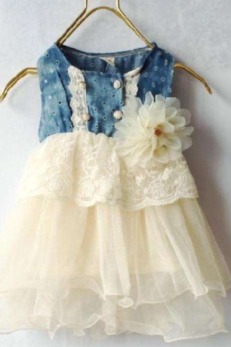 Infant Ivory Tutu Dress Denim Lace Waist Flower Corsage Denim Ivory Girls Dress 6-9 months,9-12 months,12 months,24 months,2T,3T