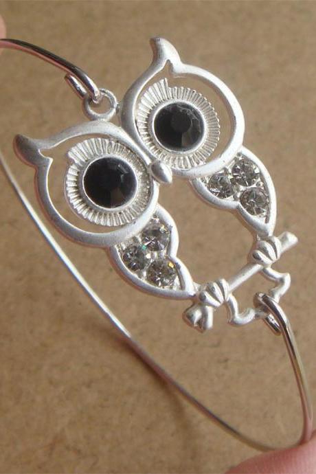 Rhinestone Owl Bangle Bracelet, Simple Everyday Jewelry, Elegant gift, Bridesmaid Gift, Bridal Wedding Jewelry