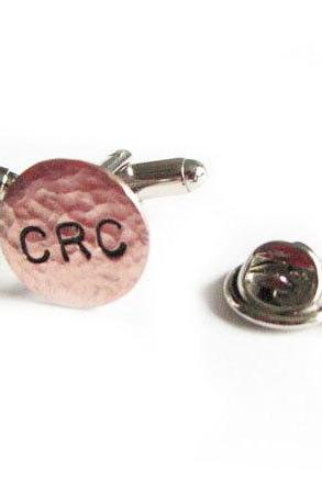 Hammered Initial Cufflinks Tie Tack Pin Hand Stamped Men Cuff Links Engraved Personalized Gift Father Custom Wedding Birthday
