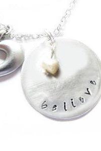 Believe Necklace Metal Hand Stamped Pendant Chain Heart Mother Of Pearl