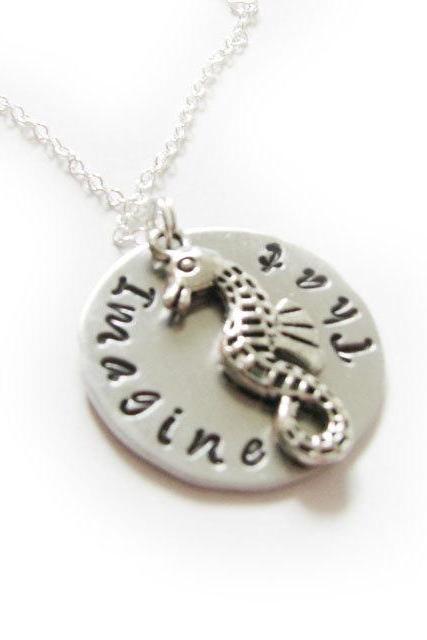 Seahorse Hand Stamped Necklace Personalized Jewelry chain engraved pendant gift