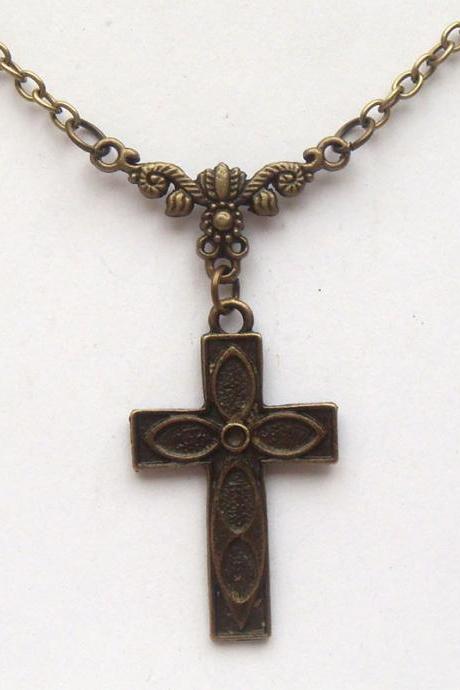 Antiqued Brass Cross Necklace