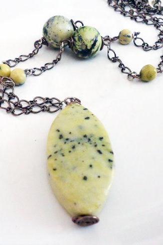 Necklace, Yellow Turquoise Pendant, Brass,turquoise, Yellow And Green, Spring And Summer Necklace