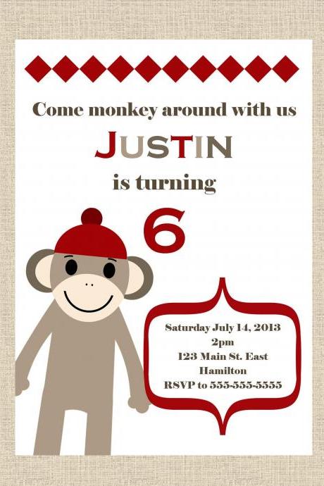 Sock Monkey Birthday Party Invitation - Girl or boy - Printable