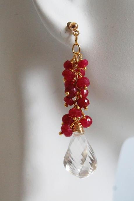  Ruby And Crystal Quartz Cluster dangle Drop Earrings -July Birthstone Earrings- Wedding Jewelry -Bridal Jewelry