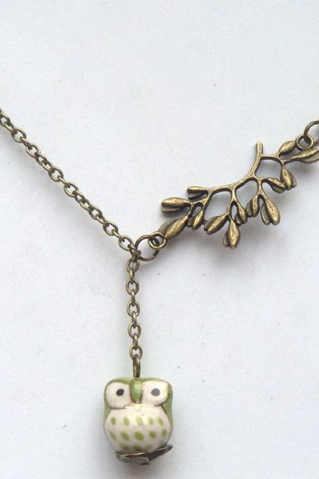 Antiqued Brass Leaf Yellow Green Porcelain Owl Necklace