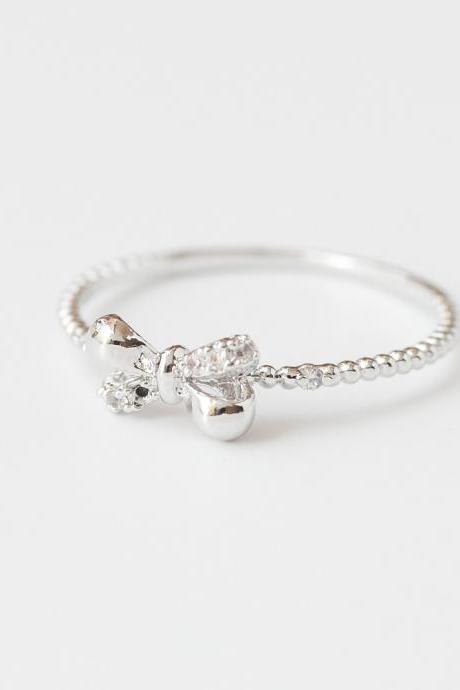 US Size 7-Delicate Cubic zirconia crystal bow rings in silver,stacking rings,CZ Wedding Ring,everyday jewelry, gift ring