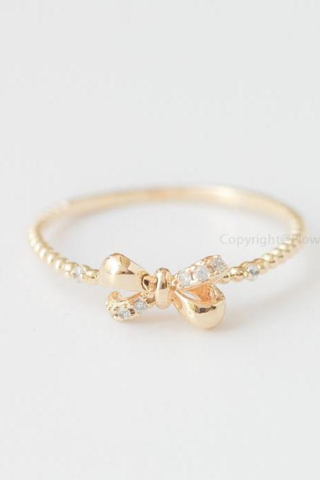 Us Size 6-gold Delicate Cubic Zirconia Crystal Bow Rings In Gold,stacking Rings,cz Wedding Ring,everyday Jewelry, Gift Ring