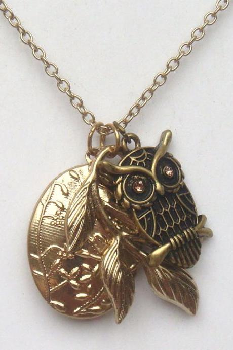 Antiqued Brass Owl Branch Locket Necklace