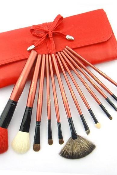Top Quality Natural Goat Hair Colorshine Makeup Brush Set 12 Cosmetic Brush Cosmetic Brush Set Professional Makeup Tools - Red