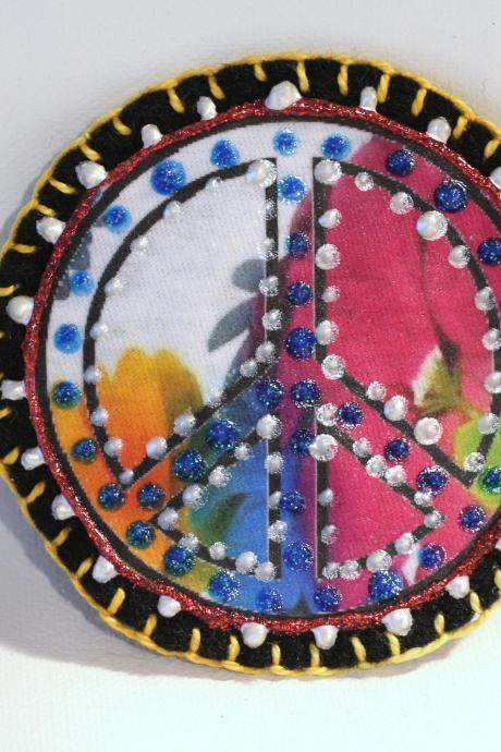 Hippie Boho Peace Sign Patch, Personalized Hand Embroidered, Painted Decorative Accessory for Jeans, t shirts, bags