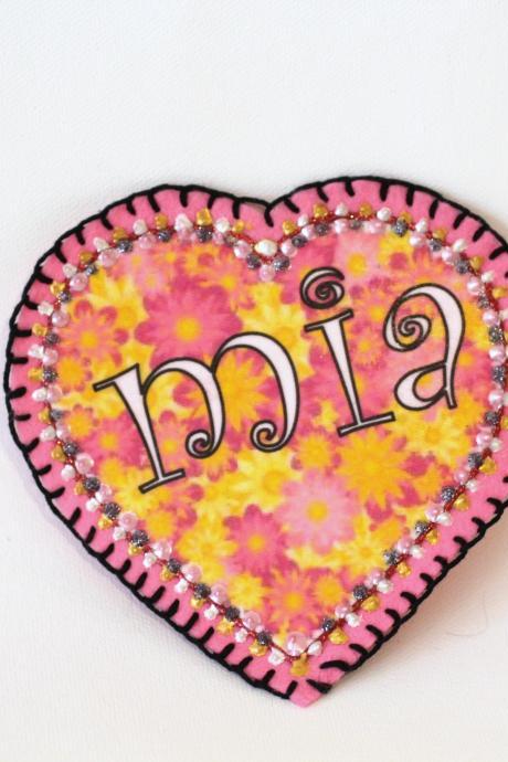 Flower Heart Hippie Applique Name Patch, Personalized Hand Embroidered, Painted Decorative Accessory for Jeans, t shirts, bags