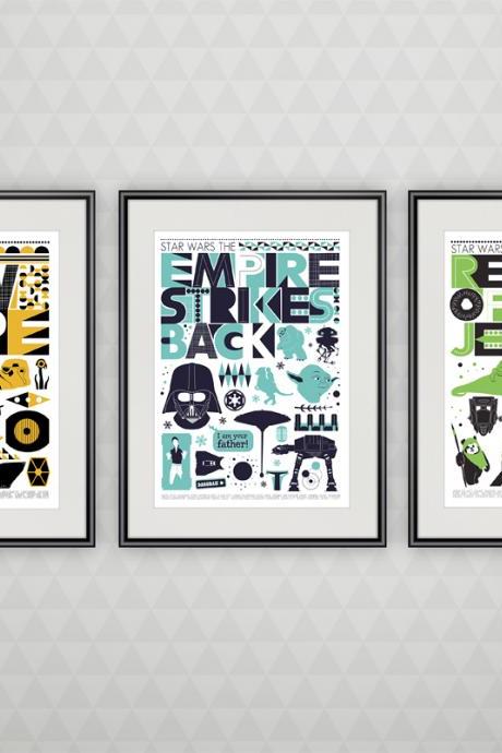 Star Wars Trilogy poster set, Movie poster, minimalistic movie poster, Baby Nursery Decor