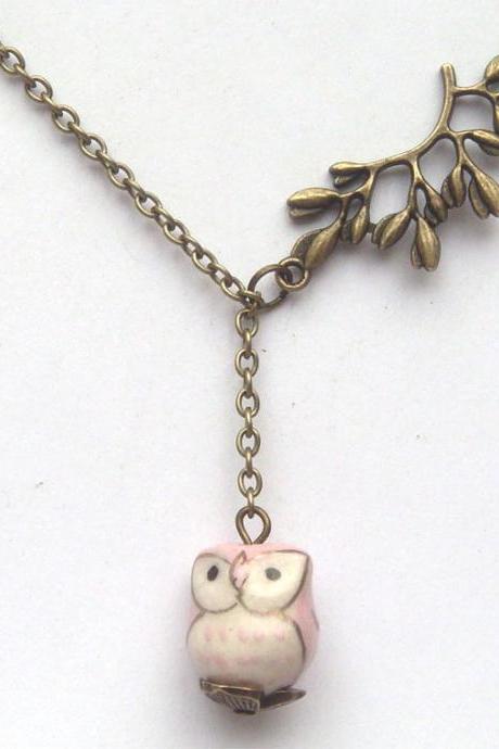 Antiqued Brass Leaf Pink Porcelain Owl Necklace