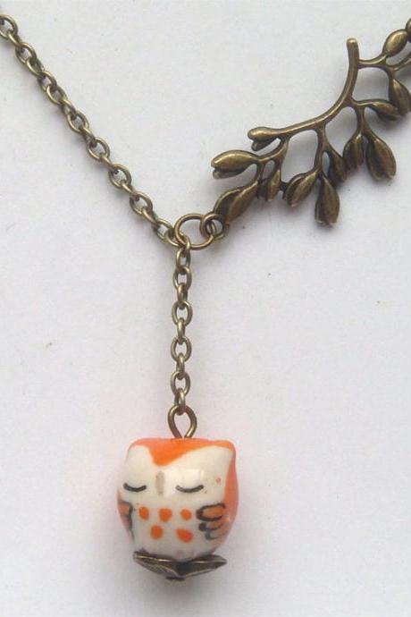 Antiqued Brass Leaf Orange Porcelain Owl Necklace