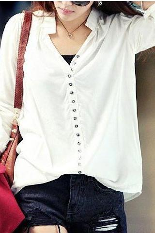 Free Shipping V-Neck Little Single-Breasted Cotton Shirt