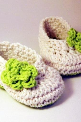 Antique Ivory Ballet style crochet Booties with lime green rose
