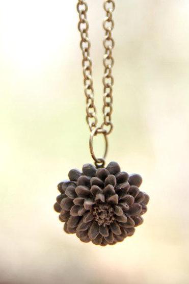 Deep Brown Chrysanthemum Flower Necklace Vintage Inspired - Espresso