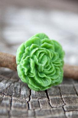 Green Peony Flower Antique Brass Adjustable Ring Vintage Style perfect for Maid of Honor Gift - Green Apple