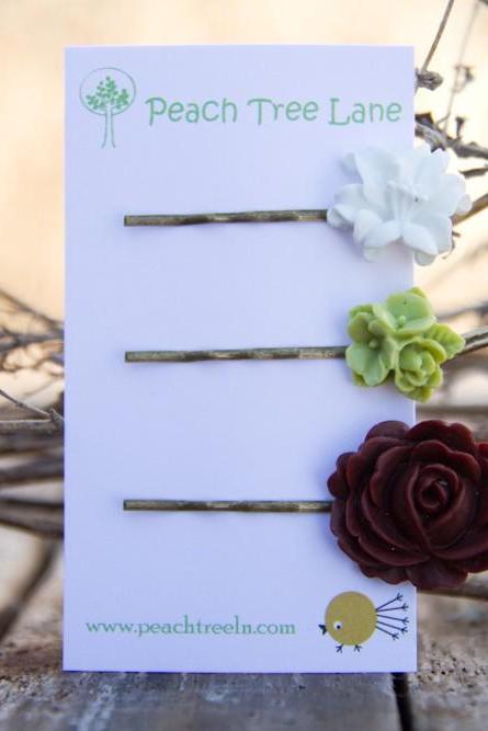 Brown Rose, White Lily, & Green Cabochon Hairpins Vintage Style - Juniper