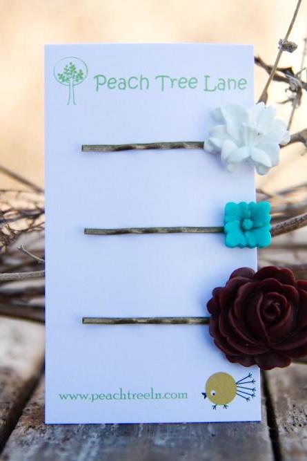 Turqoise-Blue, White Lily Flower, Brown Rose Cabochon Hairpins Vintage Style Hairpins - Lily Pad