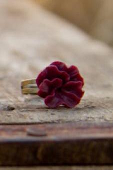 Red-Burgundy Lotus Flower Antique Brass Adjustable Ring Valentines Day Gift - Cabernet