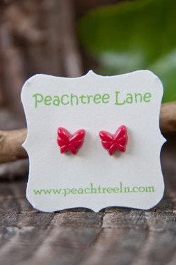 Tiny Crimson-Red Butterfly Nature Post Earring Studs, Hypoallergenic - Crimson