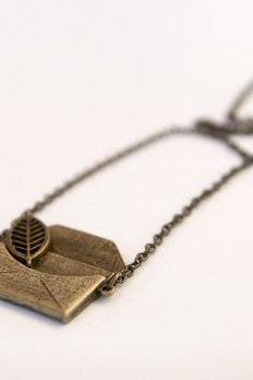 Large Leaf and Love Note Necklace, Antique Brass Vintage Style Necklace - Clementine