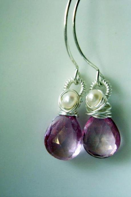 SweetHeart Pink Topaz and Freshwater Pearl Sterling Silver Earrings
