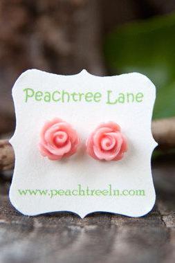 Coral Pink Rose Flower Stud Post Earrings, Bridesmaid Jewelry - Petal