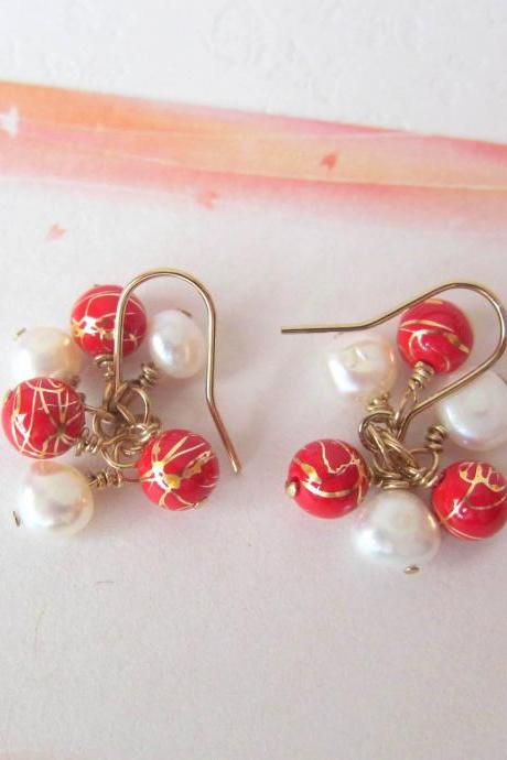 Oriental Elegance Earrings-14K gold, White Cultured Pearls & Red-Gold Beads