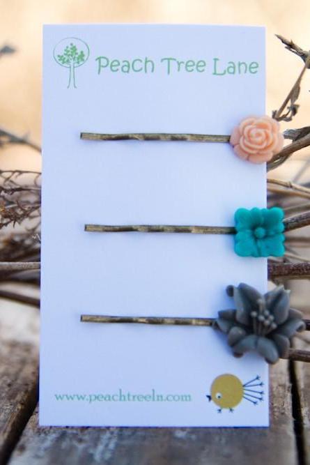 Grey Lily, Turquoise-Aqua, & Peach Rose Cabochon Flower Hairpins Maid of Honor Gifts - Dew