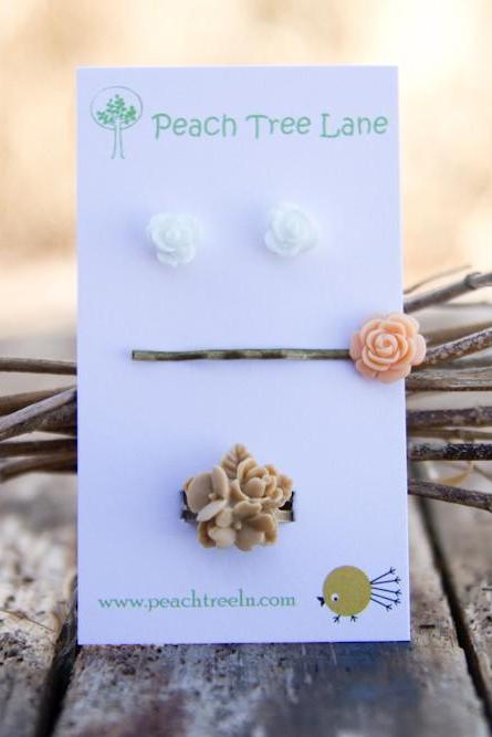 White Rose Earrings, Peach Rose Hairpin, Khaki-Tan Flower Bouquet Ring Assorted Set - Chai