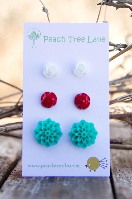Turquoise-Aqua Chrysanthemum, White Rose, Red Rose Cabochon Post Stud Earrings - Fruit Punch