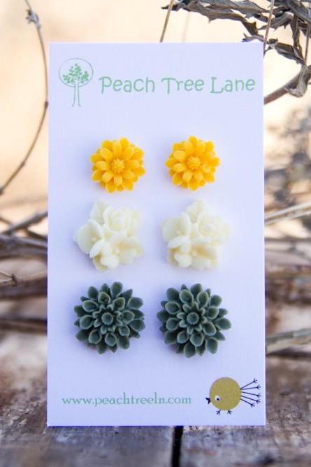 Mustard Yellow Daisy Earring Post, Cream-Ivory Flower Earring, Green-Moss Chrysanthemum Post Earring - Spring